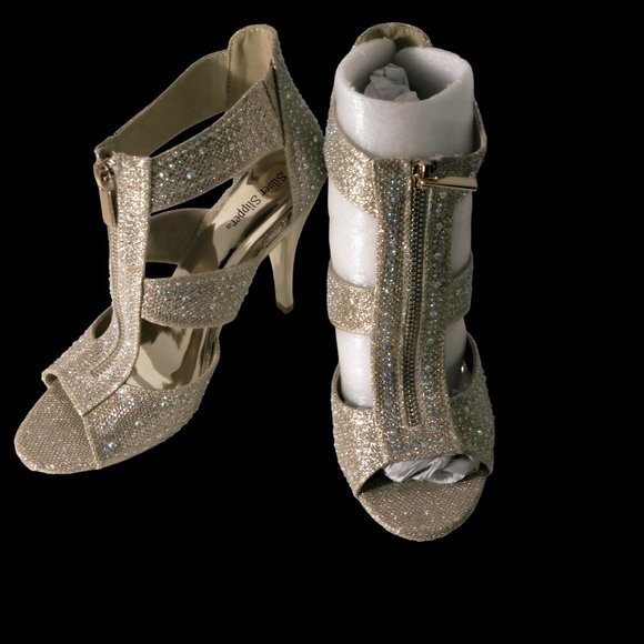 Gold Rhinestone Pumps Size 9M, Rhinestone Sparkle Open Toe Heels, Peep Toe Heels - Picture 2 of 13